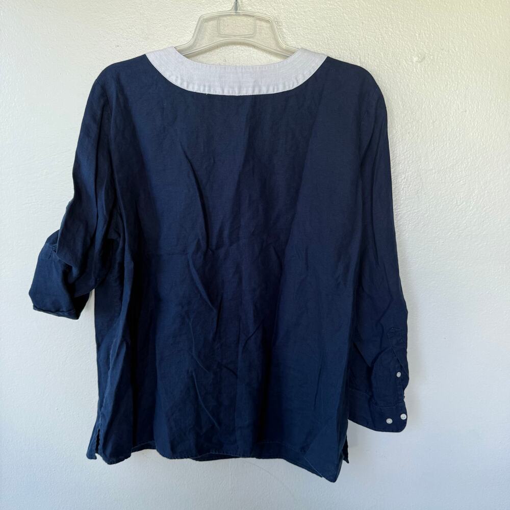 Lauren Ralph Lauren Linen Roll Tab Tunic Blouse size 2X Navy Blue White - Picture 8 of 10